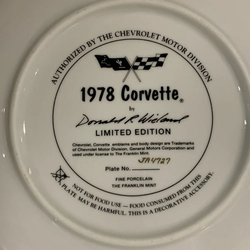 Franklin Mint 1978 Corvette Plate # JA4727